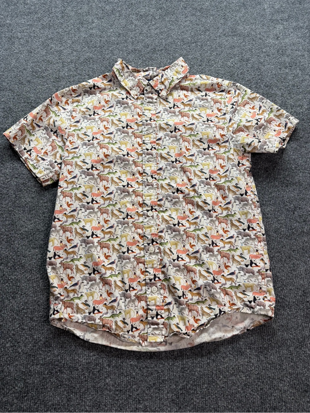Kid’s Short Sleeve Button-Up Shirt with Multi-Colored Animal Print